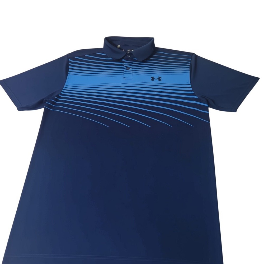 Under Armour Performance Polo Men Large Blue Striped Graphic Short Sleeve